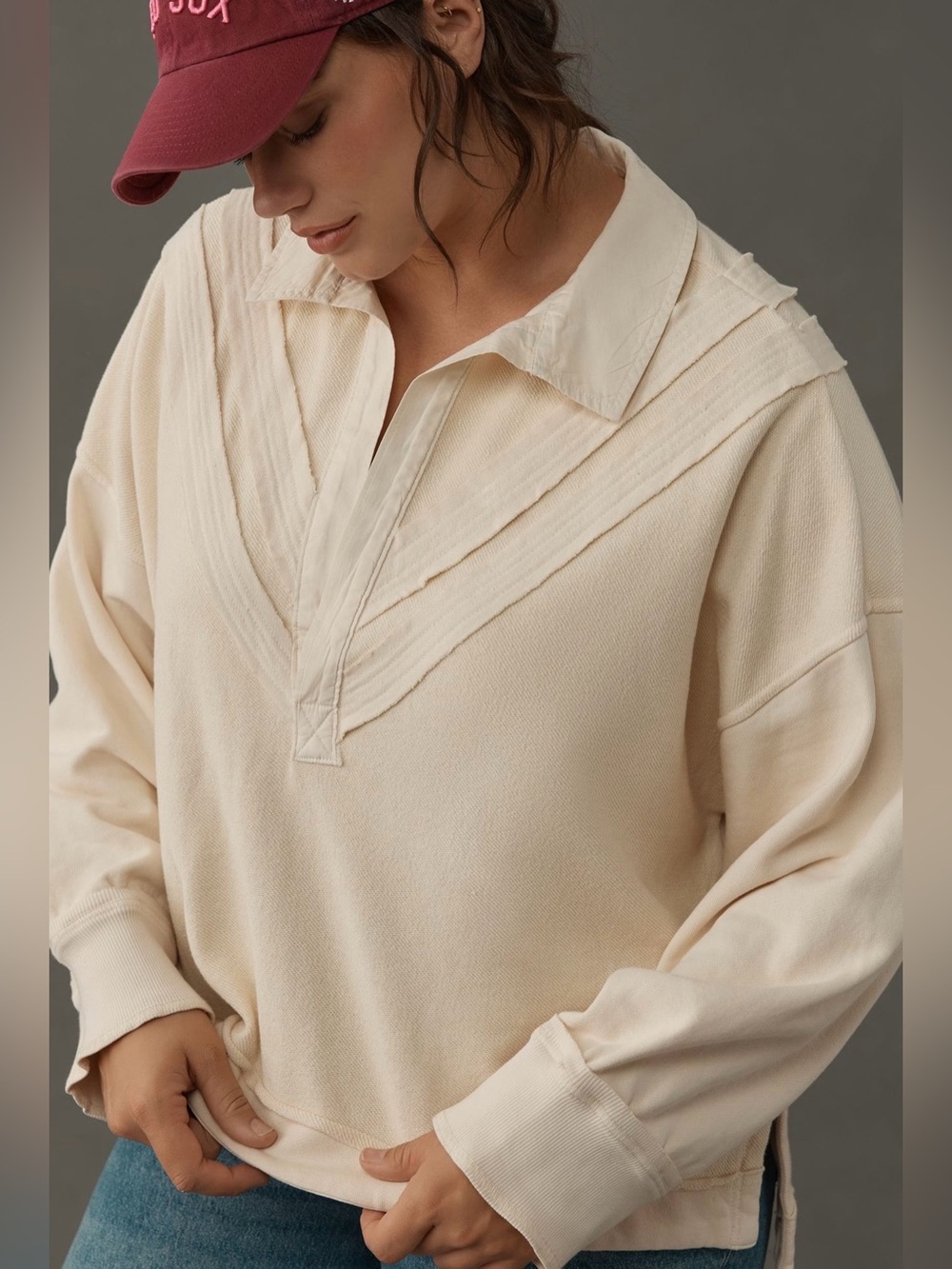 Pilcro by Anthropologie Collegiate Rugby Top Cream Oversized V-Panel Cotton